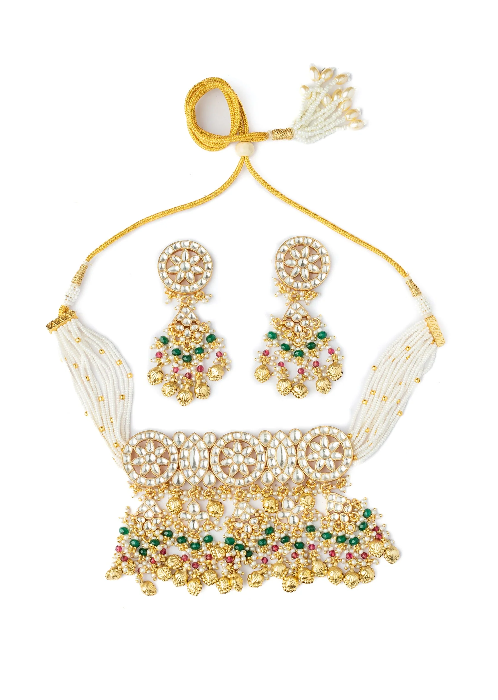 Gold Choker Set With Intricate Uncut Diamonds Pearls And Vibrant Gemstones