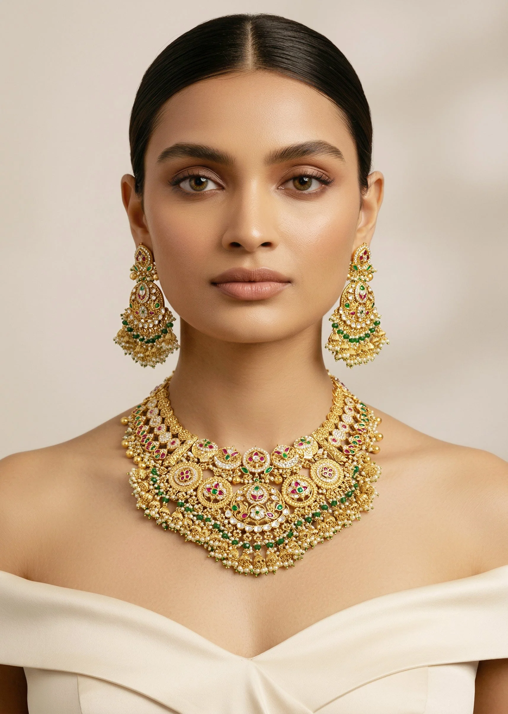 Gold Plated Multicolored Synthetic Stone Necklace Set With Earrings