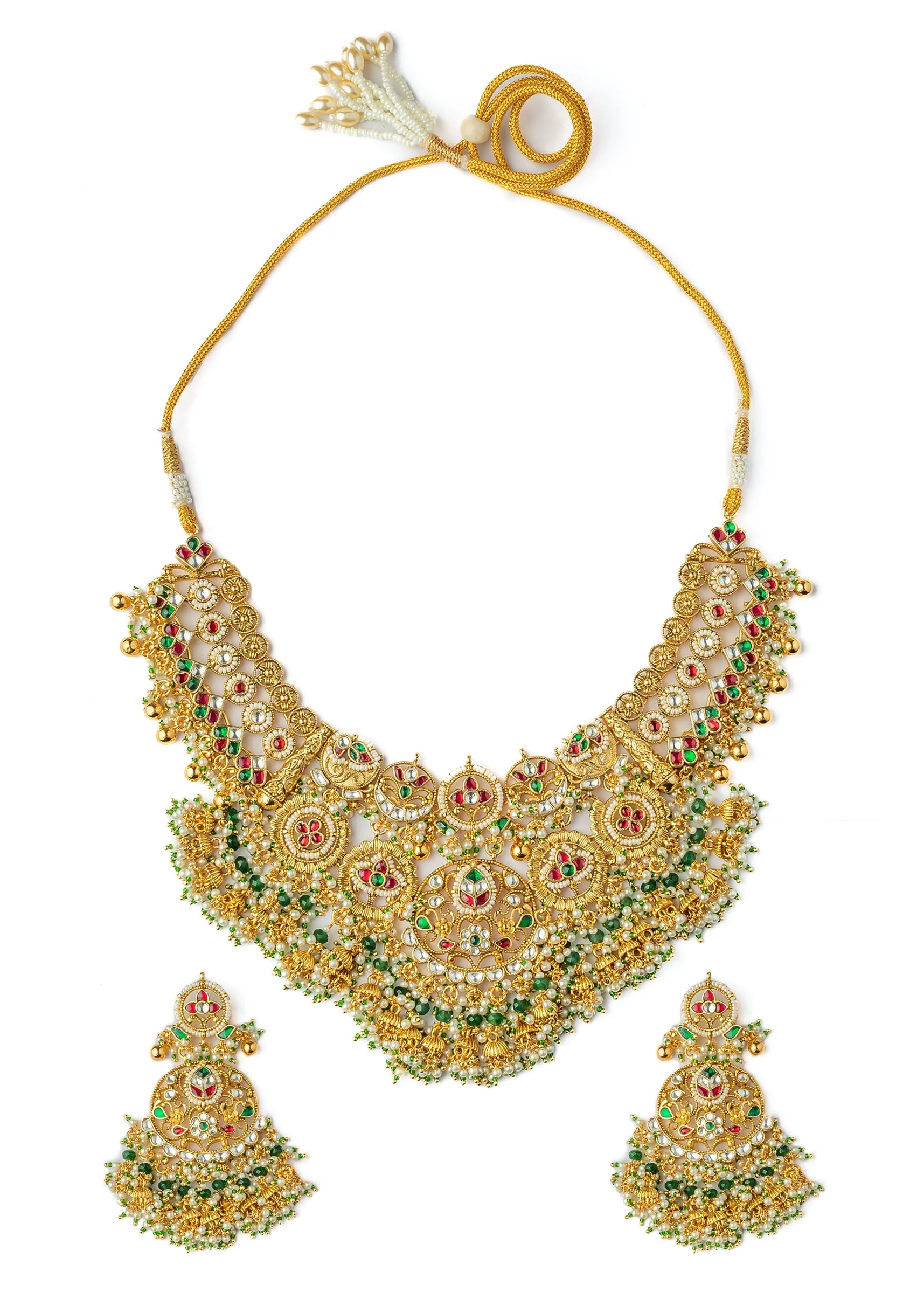 Gold Plated Multicolored Synthetic Stone Necklace Set With Earrings