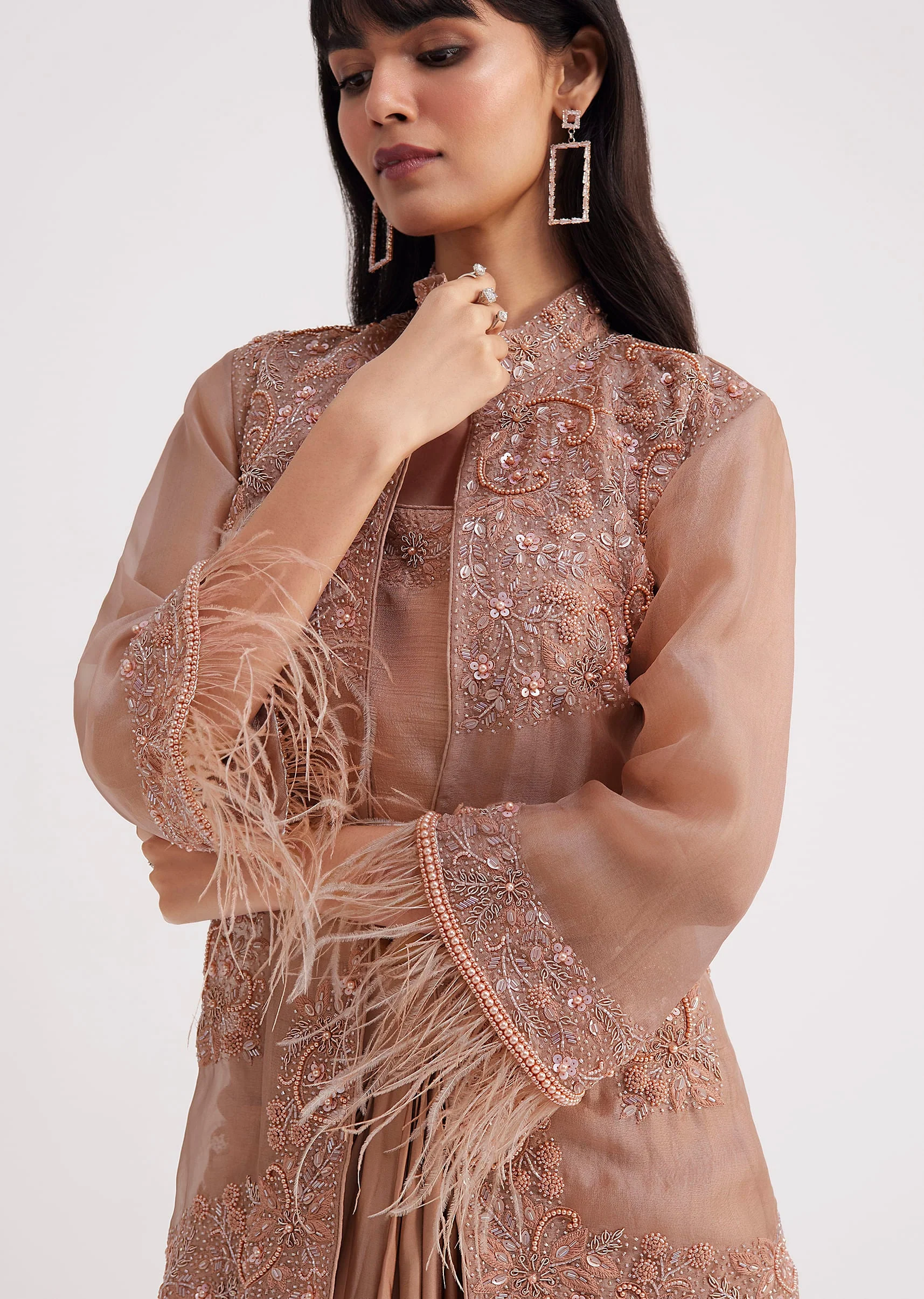 Hazelnut Beige Crop Top And Skirt With Embroidered Jacket