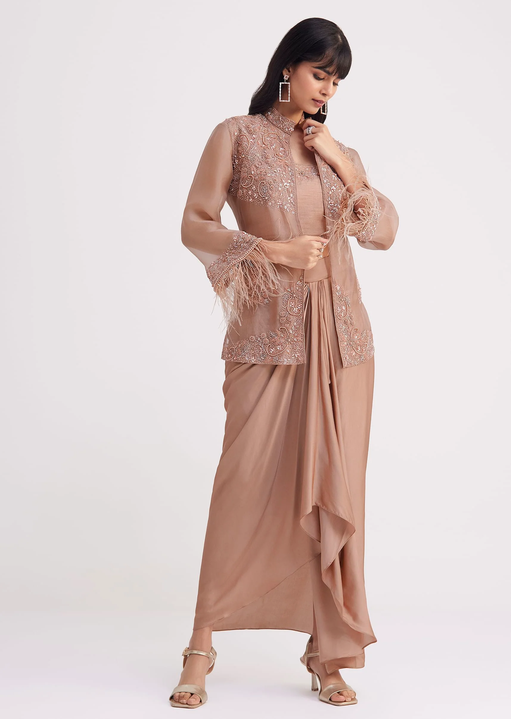 Hazelnut Beige Crop Top And Skirt With Embroidered Jacket