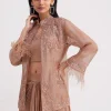 Hazelnut Beige Crop Top And Skirt With Embroidered Jacket