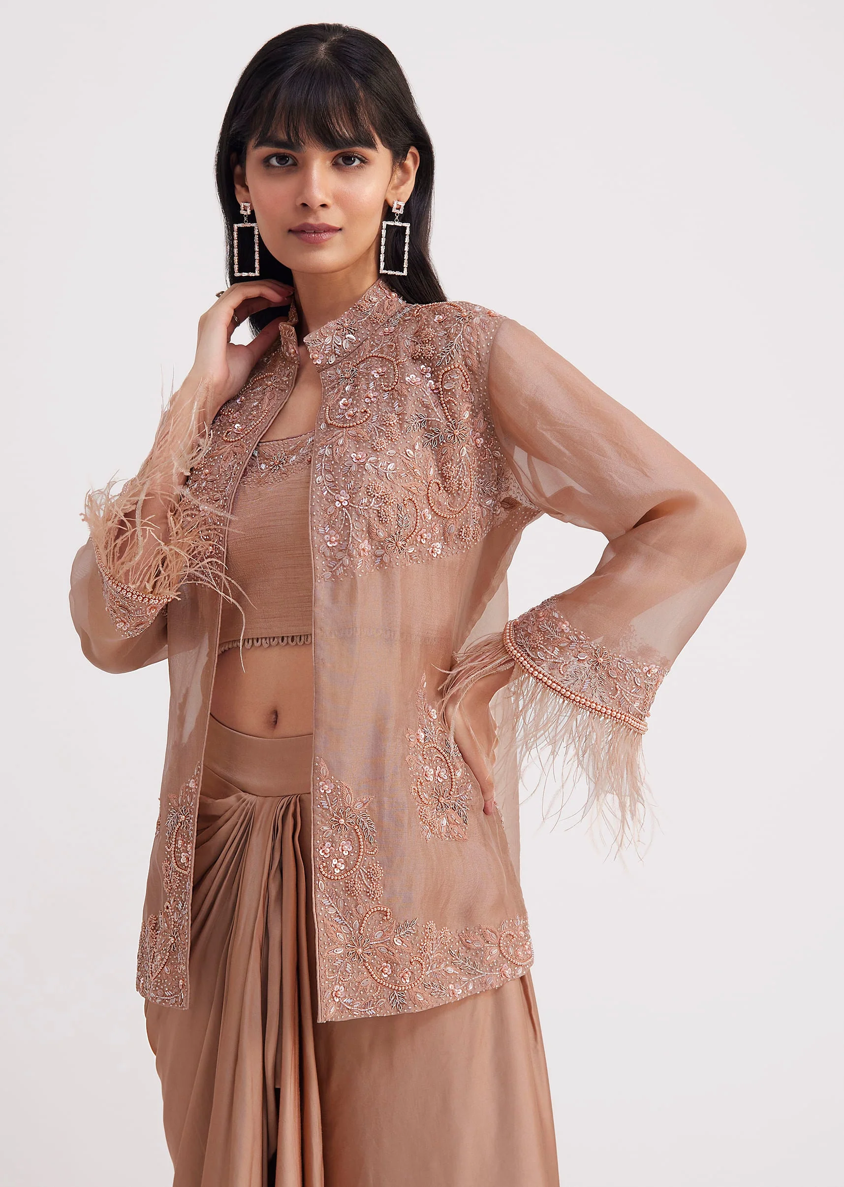Hazelnut Beige Crop Top And Skirt With Embroidered Jacket