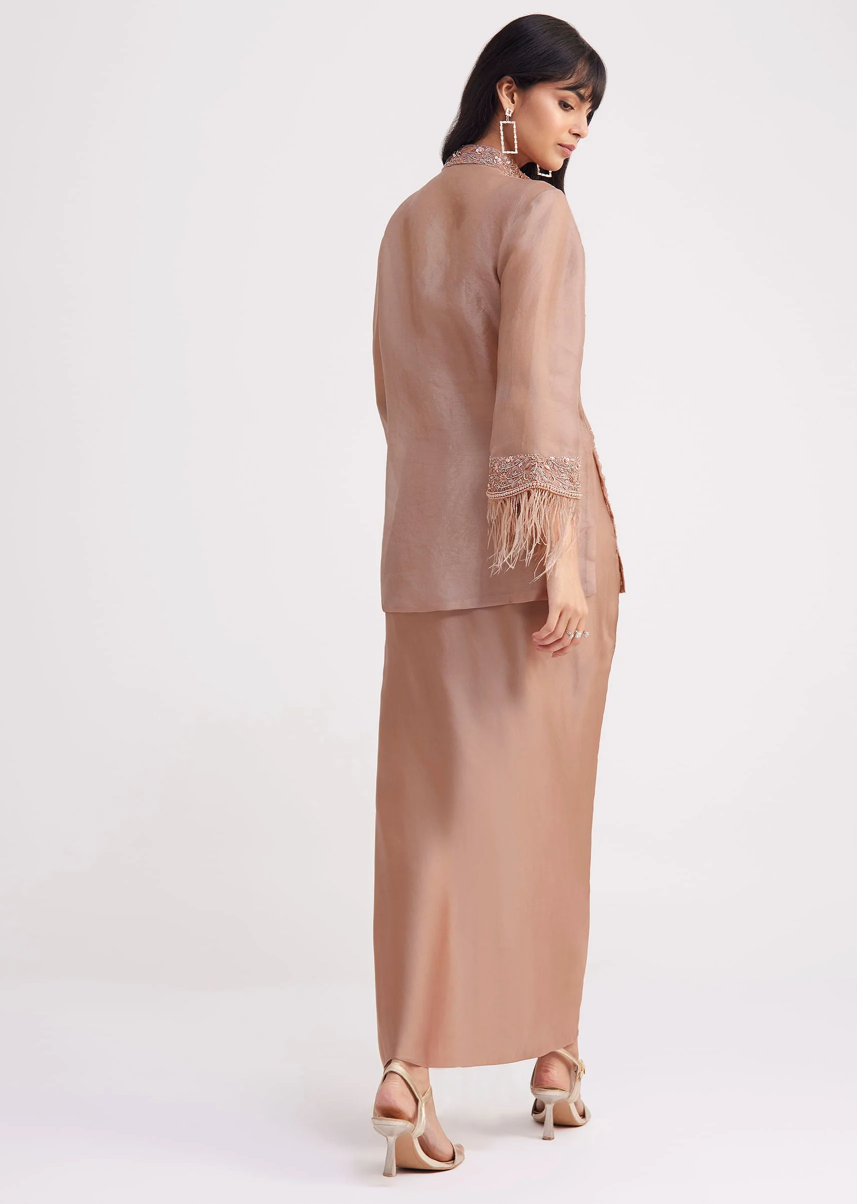 Hazelnut Beige Crop Top And Skirt With Embroidered Jacket