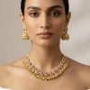 Pink Synthetic Gold Plated Stone Necklace Set With Earrings
