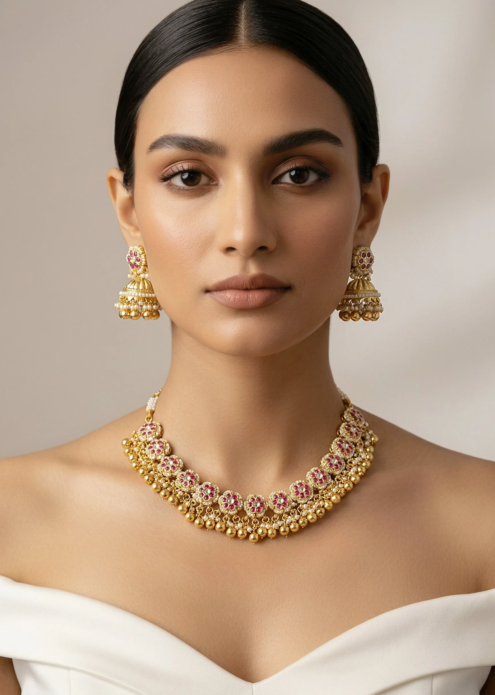 Pink Synthetic Gold Plated Stone Necklace Set With Earrings