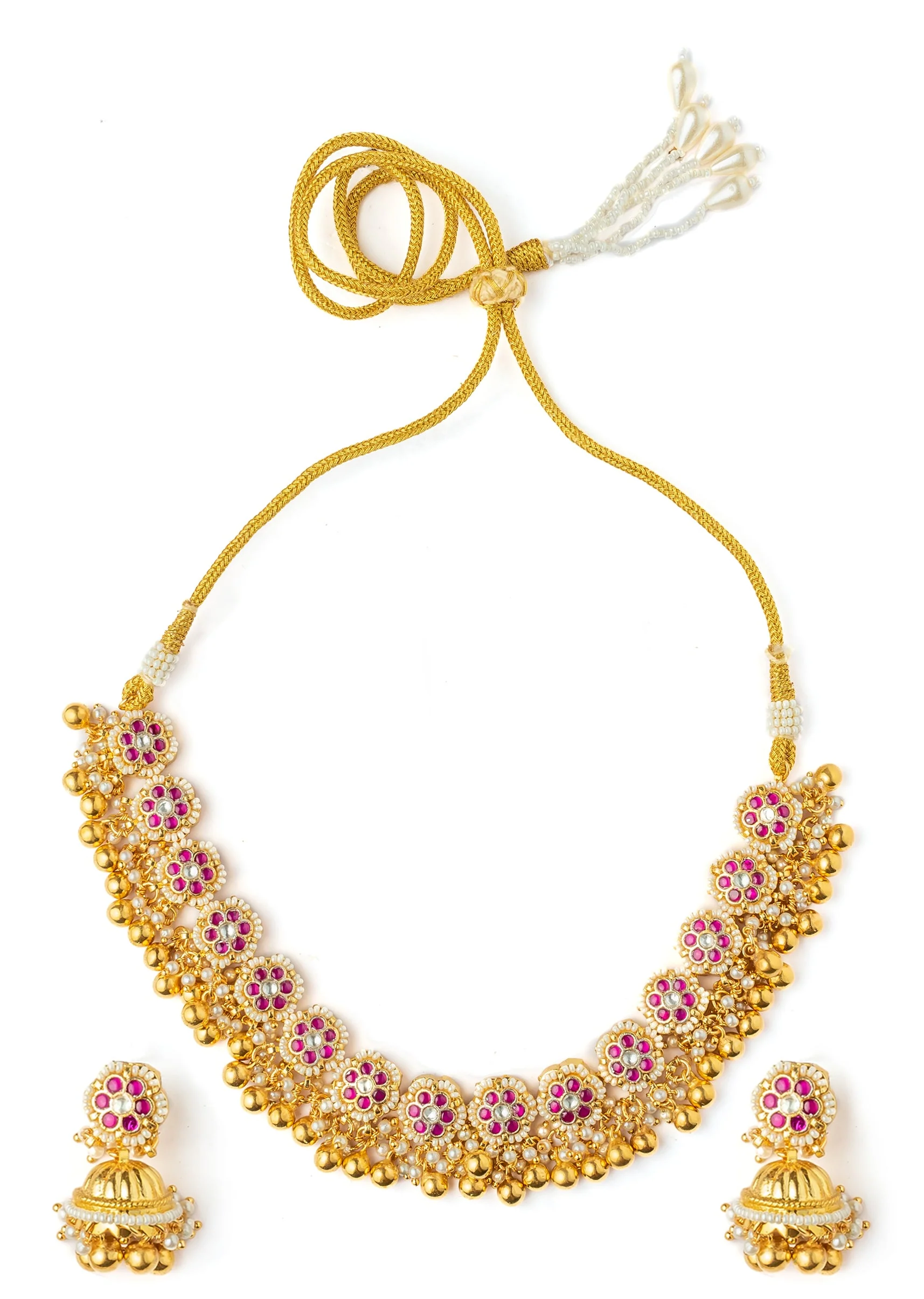 Pink Synthetic Gold Plated Stone Necklace Set With Earrings