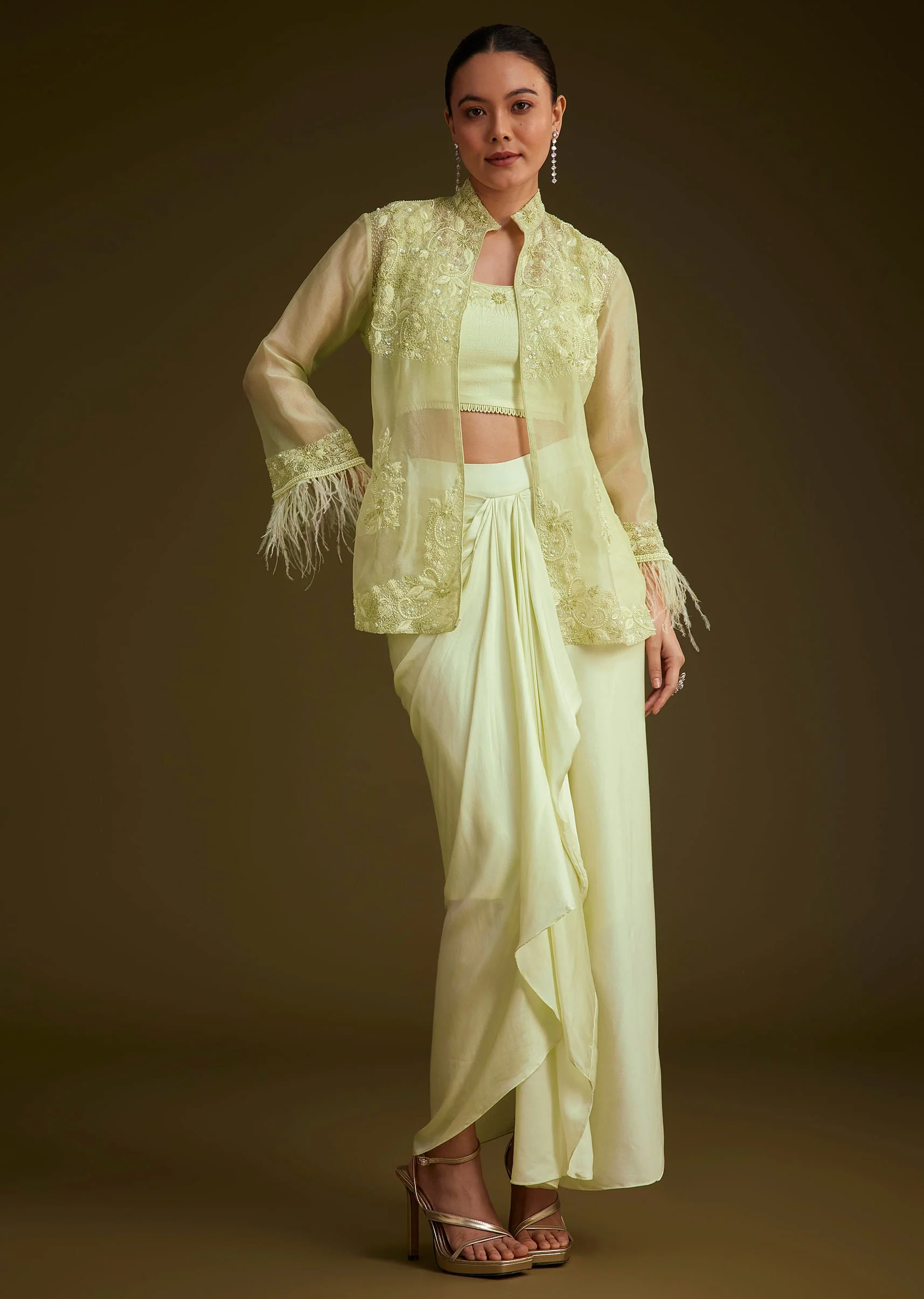 Light Lime Green Embroidered Crop Top And Jacket Set