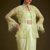 Light Lime Green Embroidered Crop Top And Jacket Set