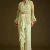 Light Lime Green Embroidered Crop Top And Jacket Set