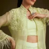 Light Lime Green Embroidered Crop Top And Jacket Set