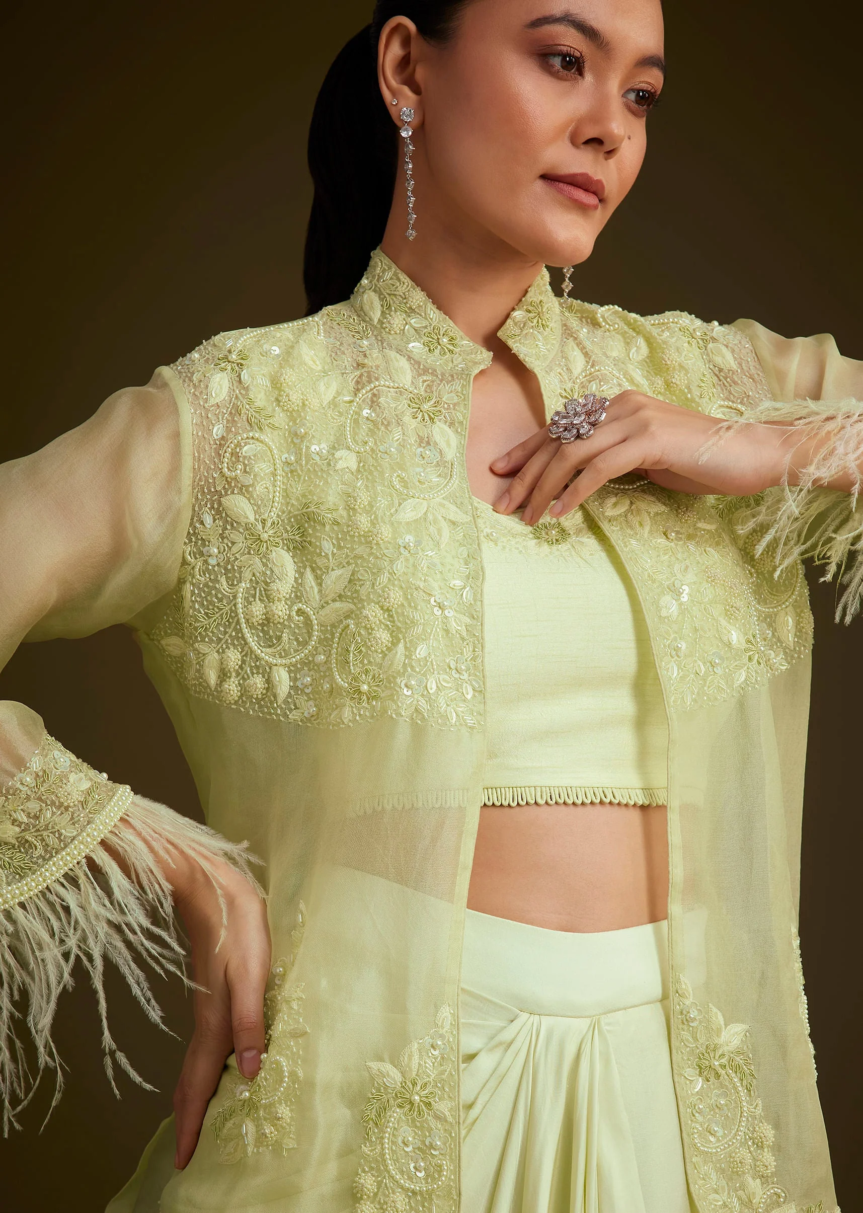 Light Lime Green Embroidered Crop Top And Jacket Set