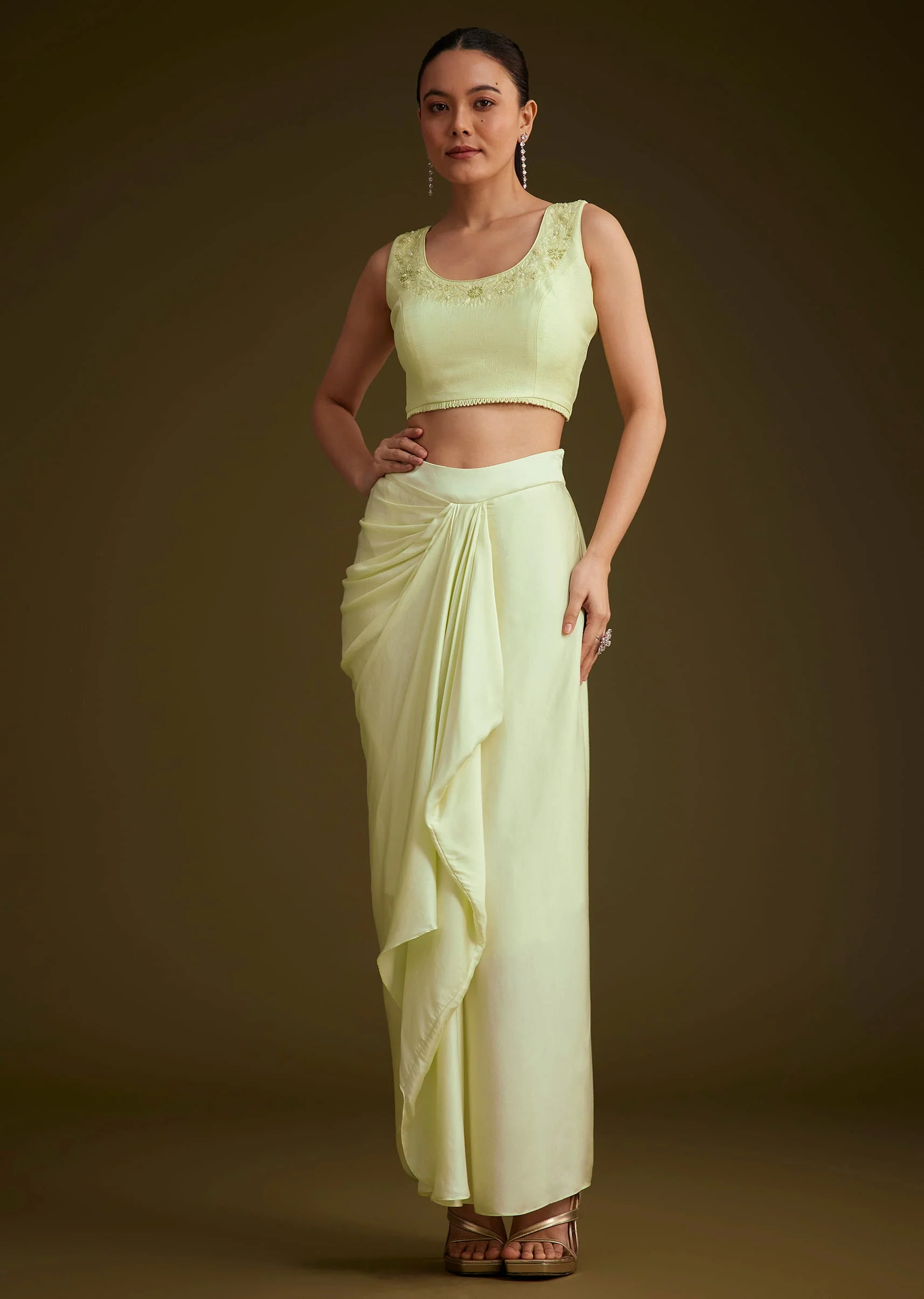 Light Lime Green Embroidered Crop Top And Jacket Set