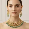 Gold Tone Choker Set With Red Green Stone And Pearl Drops Embellishments