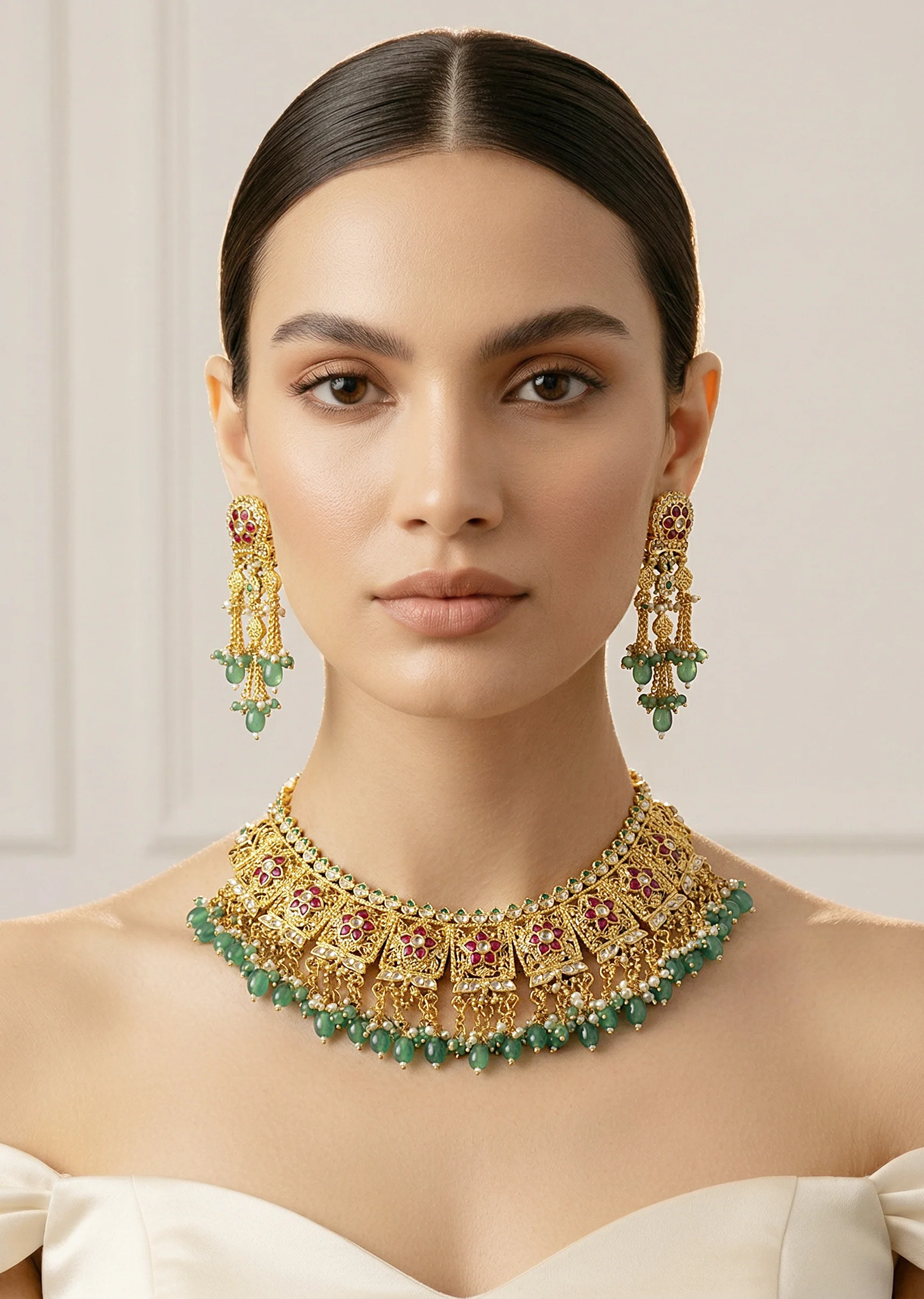 Gold Tone Choker Set With Red Green Stone And Pearl Drops Embellishments