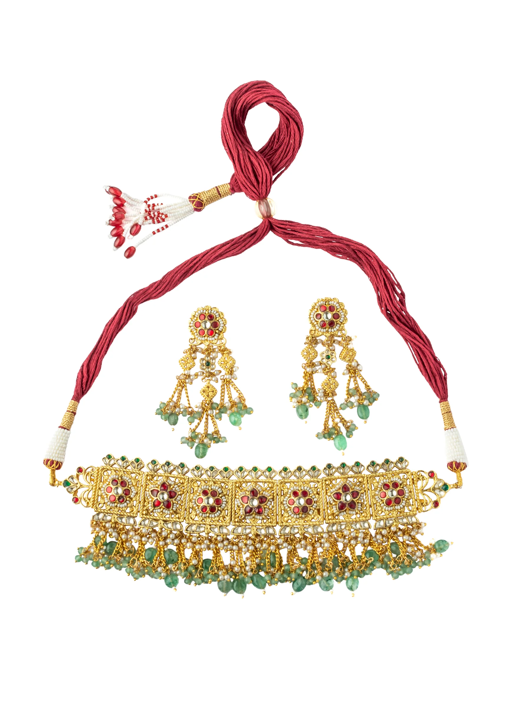 Gold Tone Choker Set With Red Green Stone And Pearl Drops Embellishments