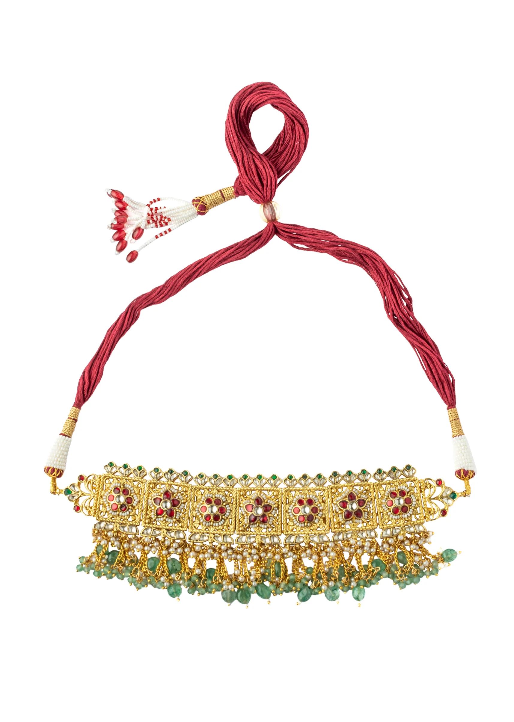 Gold Tone Choker Set With Red Green Stone And Pearl Drops Embellishments