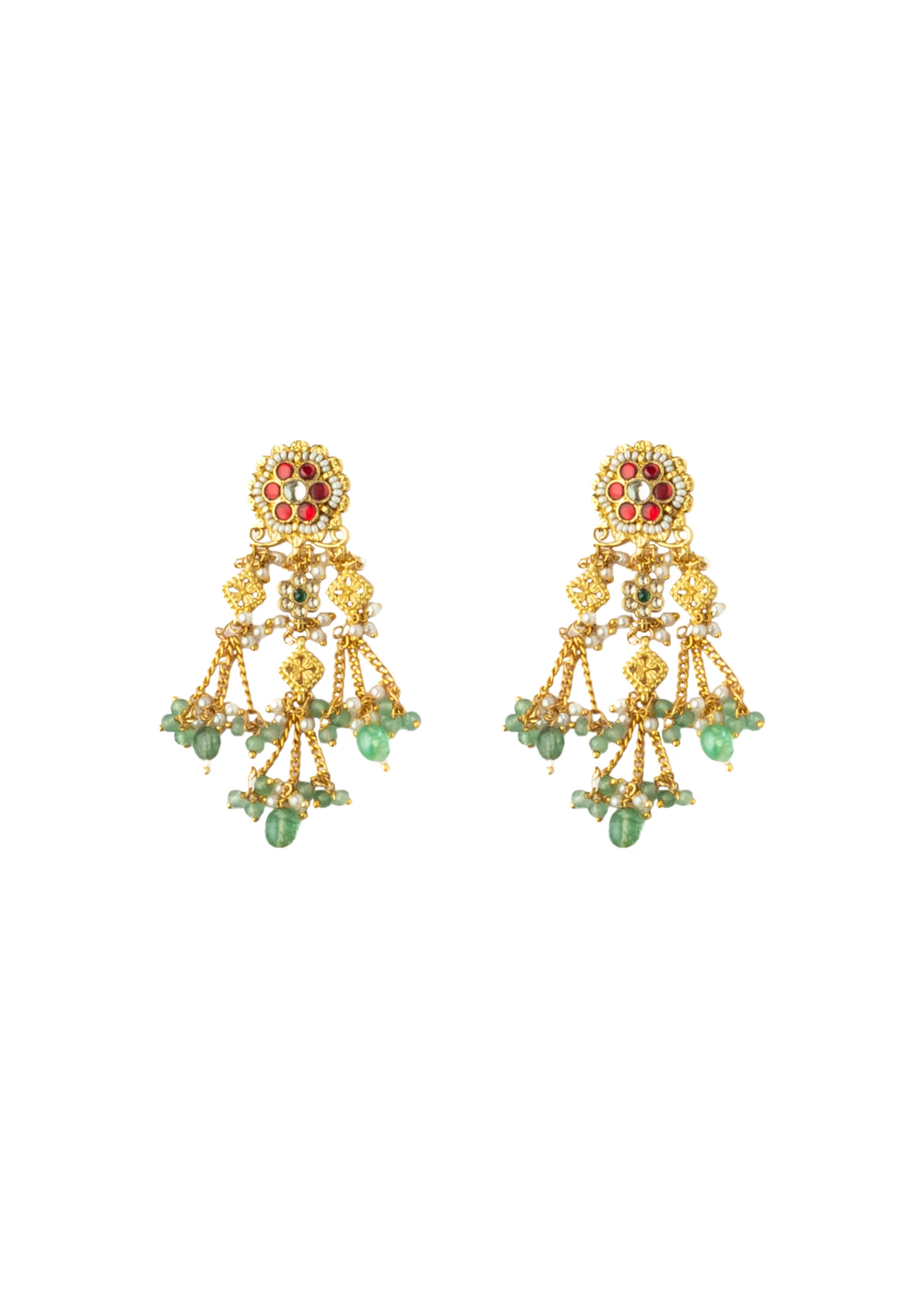 Gold Tone Choker Set With Red Green Stone And Pearl Drops Embellishments