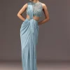 Sky Blue Semi Stitched Saree With Embroidered Blouse