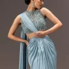 Sky Blue Semi Stitched Saree With Embroidered Blouse