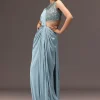 Sky Blue Semi Stitched Saree With Embroidered Blouse