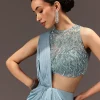 Sky Blue Semi Stitched Saree With Embroidered Blouse