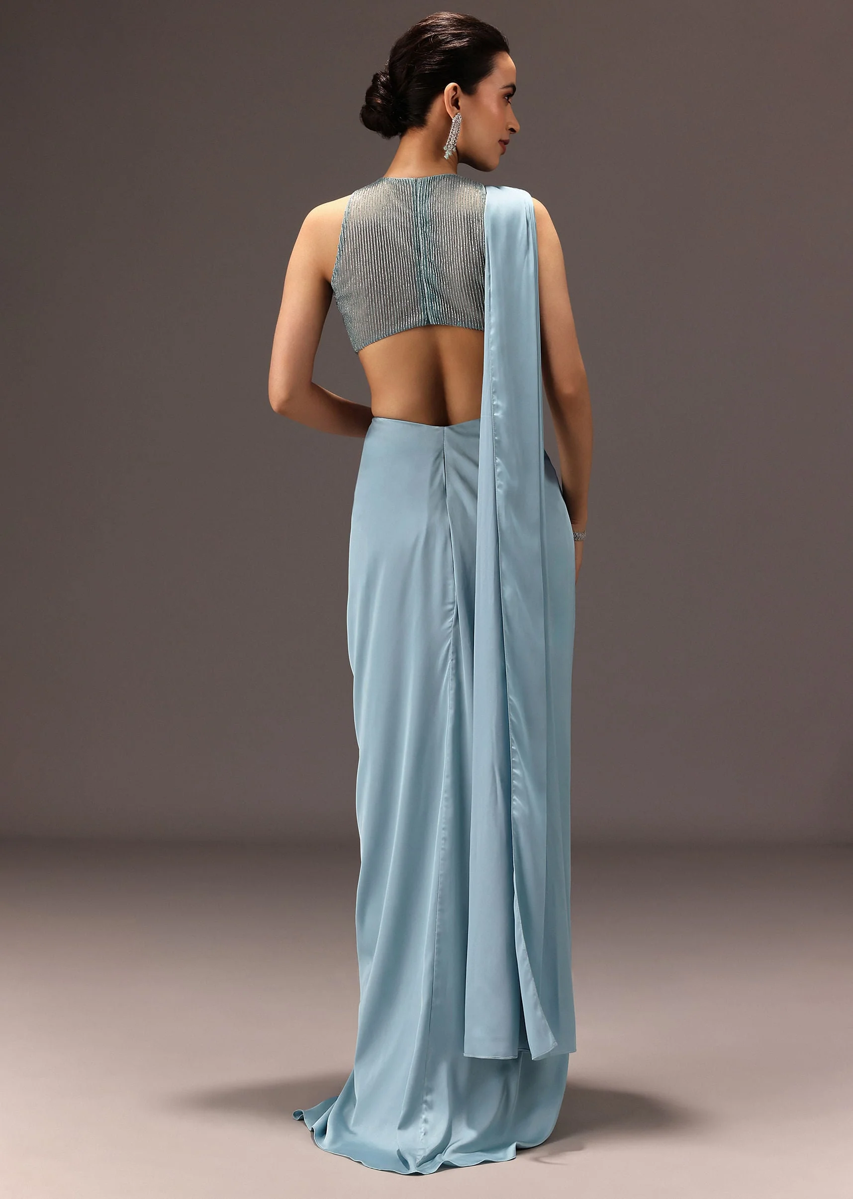 Sky Blue Semi Stitched Saree With Embroidered Blouse