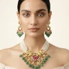 Green And Red Gemstones With Gold Plated Kundan Polki Necklace Earrings Set