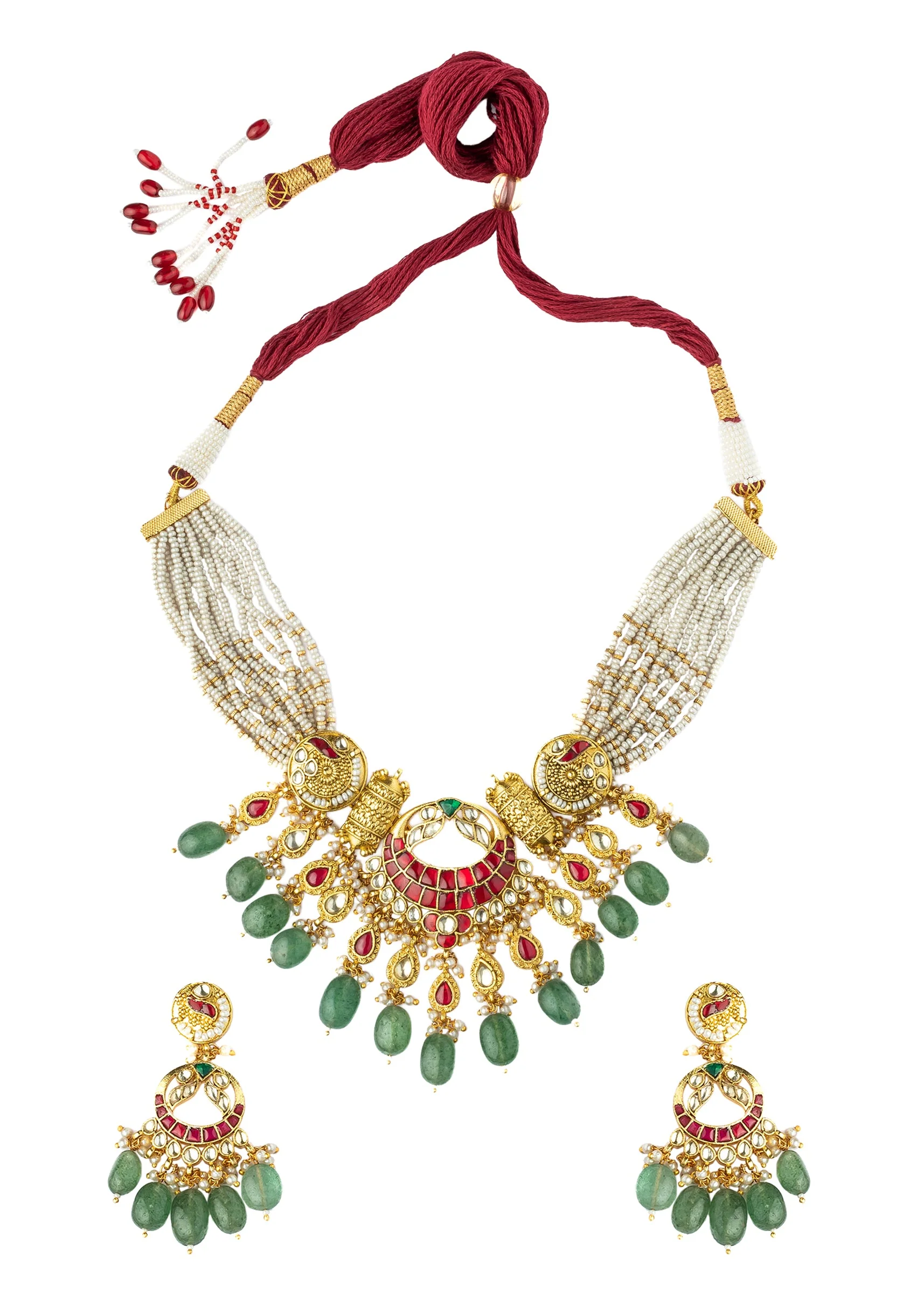 Green And Red Gemstones With Gold Plated Kundan Polki Necklace Earrings Set