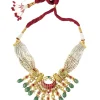 Green And Red Gemstones With Gold Plated Kundan Polki Necklace Earrings Set