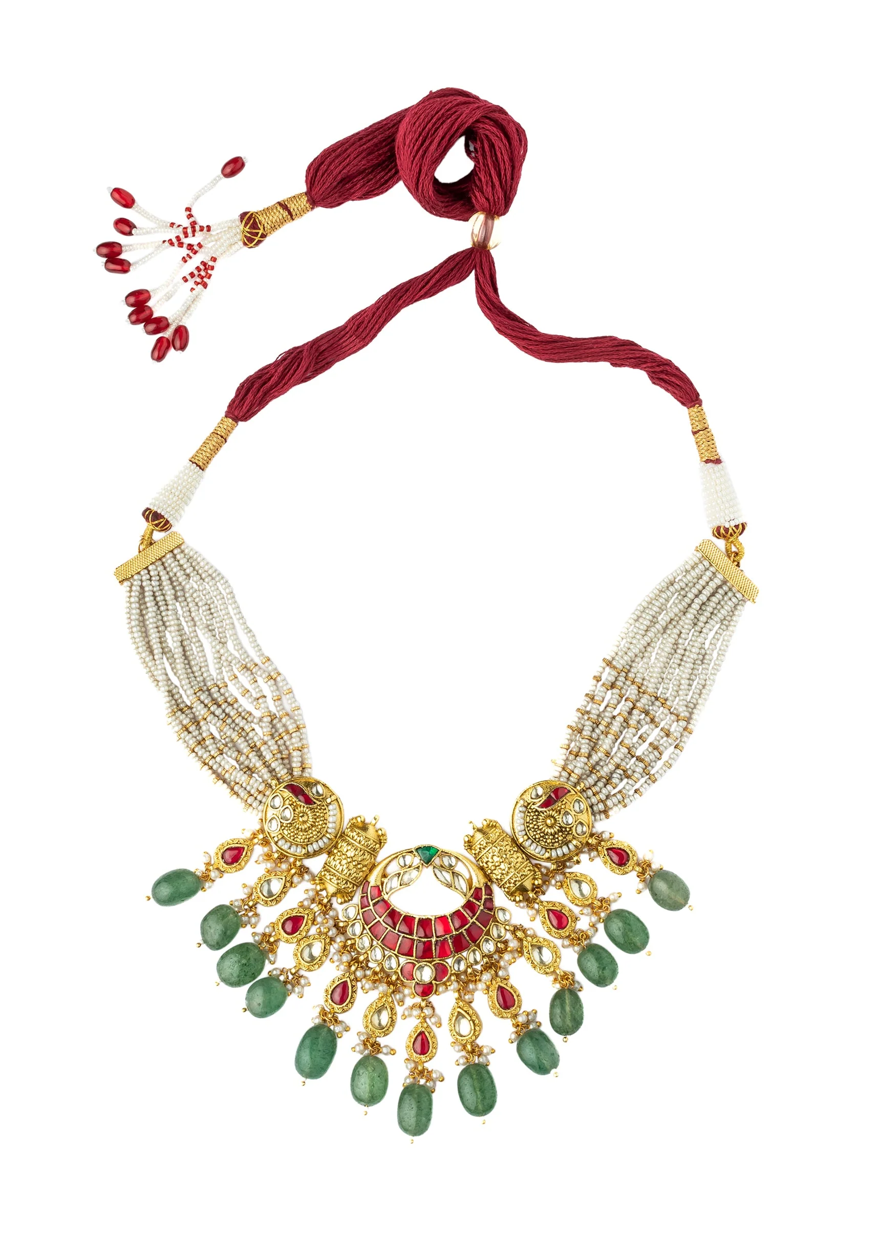 Green And Red Gemstones With Gold Plated Kundan Polki Necklace Earrings Set