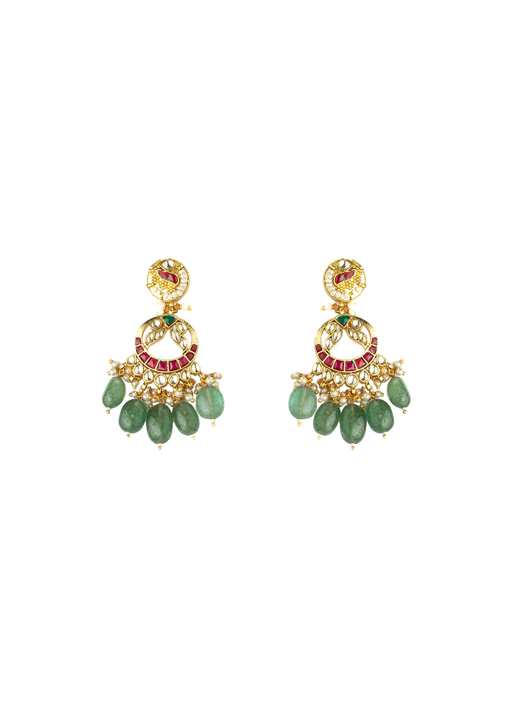 Green And Red Gemstones With Gold Plated Kundan Polki Necklace Earrings Set