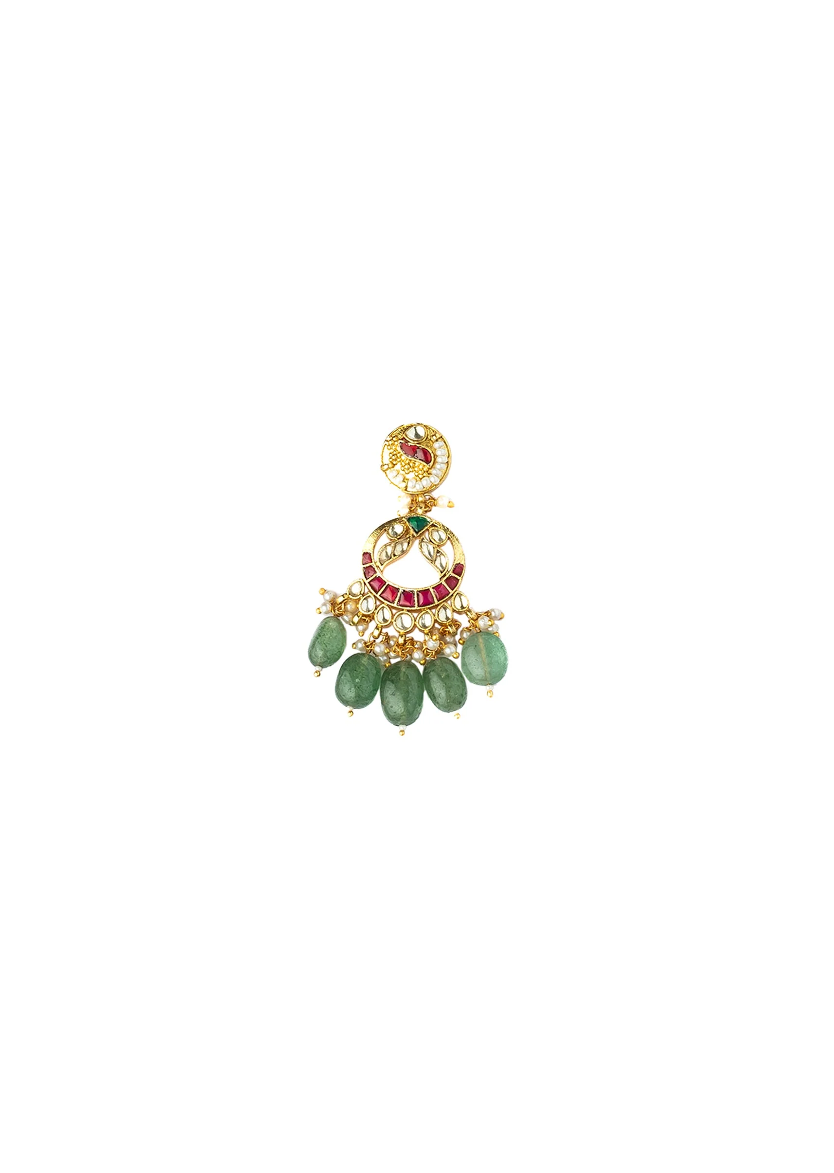 Green And Red Gemstones With Gold Plated Kundan Polki Necklace Earrings Set