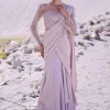 Beige Satin Pre Draped Saree With Embroidered Corset Blouse
