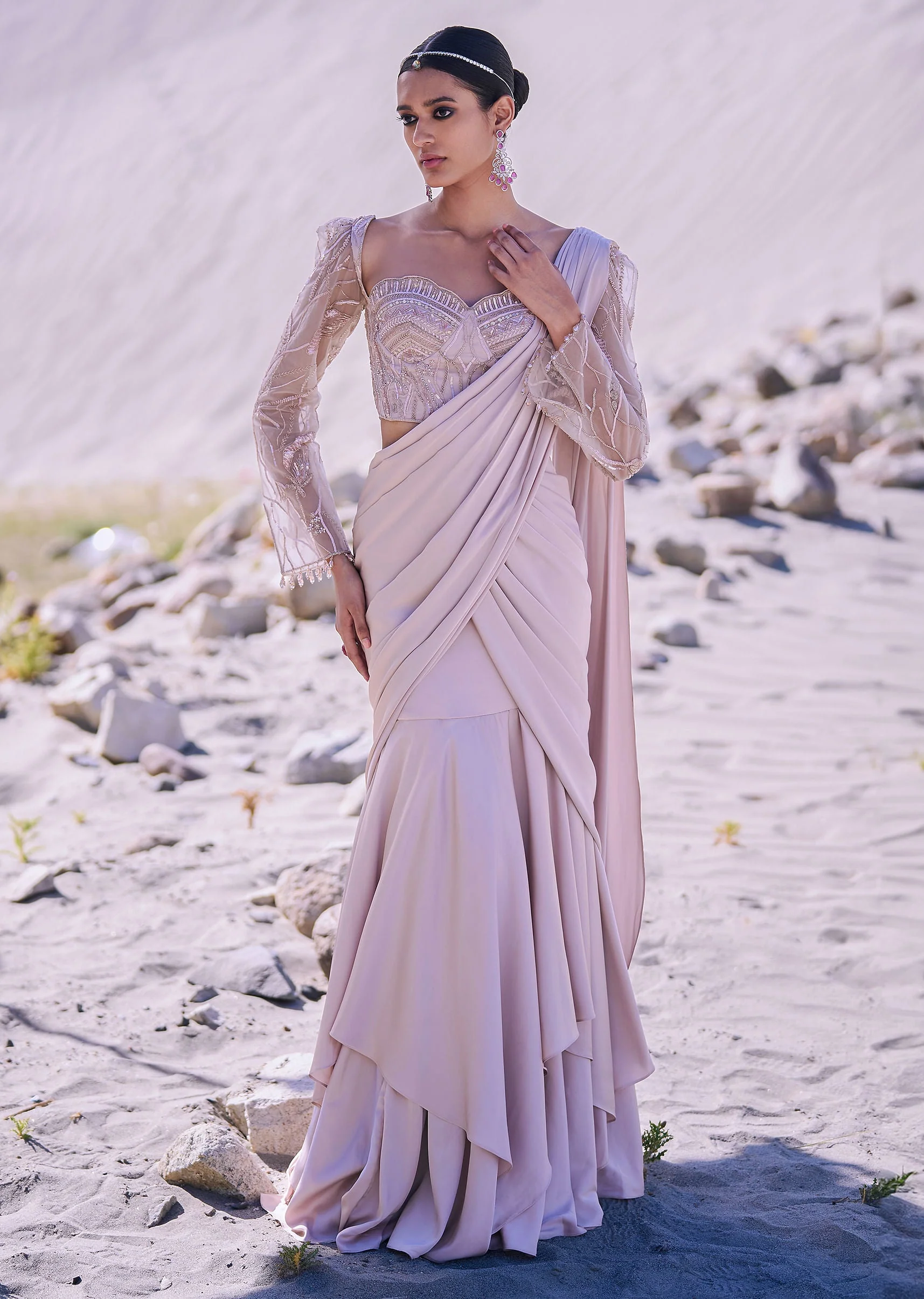 5769-beige-satin-pre-draped-saree-with-embroidered-corset-blouse-1.webp Beige Satin Pre Draped Saree With Embroidered Corset Blouse