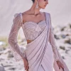 Beige Satin Pre Draped Saree With Embroidered Corset Blouse