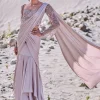 Beige Satin Pre Draped Saree With Embroidered Corset Blouse
