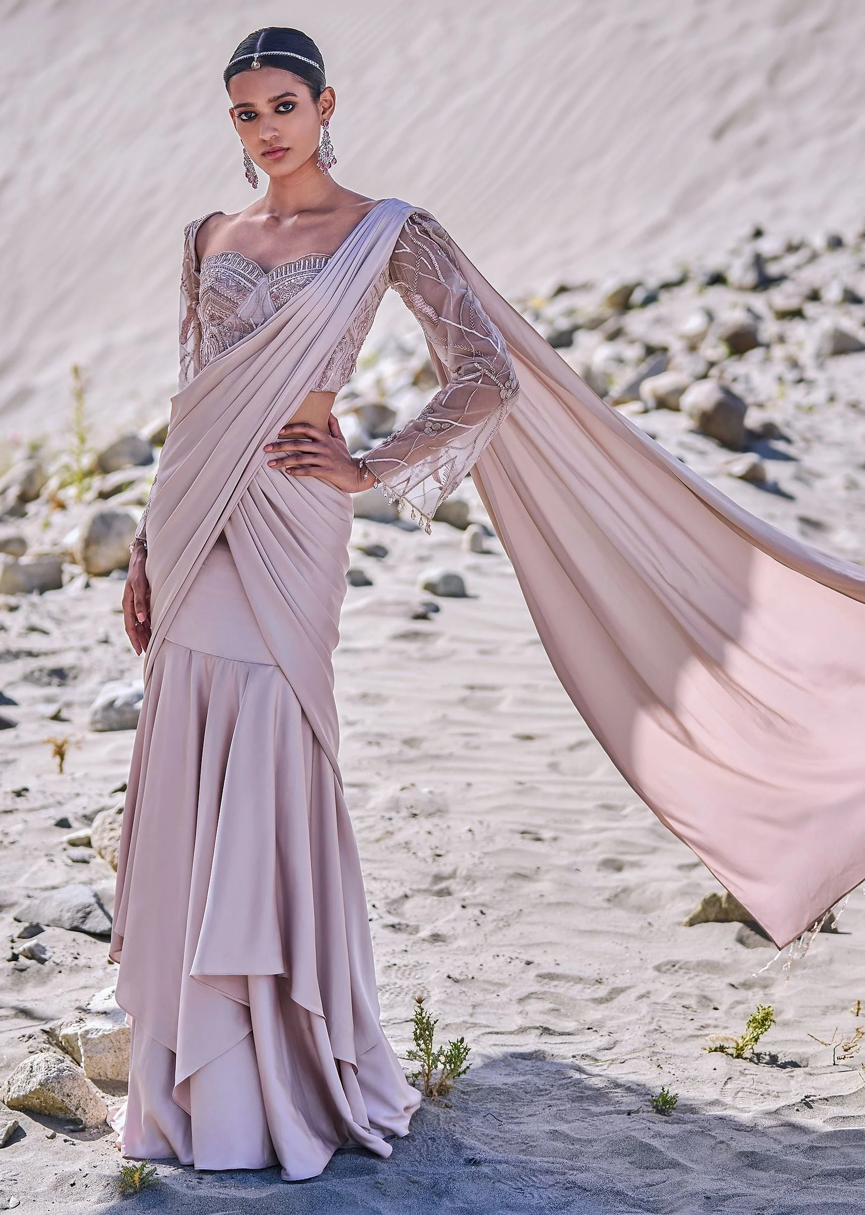 Beige Satin Pre Draped Saree With Embroidered Corset Blouse
