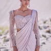 Beige Satin Pre Draped Saree With Embroidered Corset Blouse