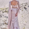 Beige Satin Pre Draped Saree With Embroidered Corset Blouse