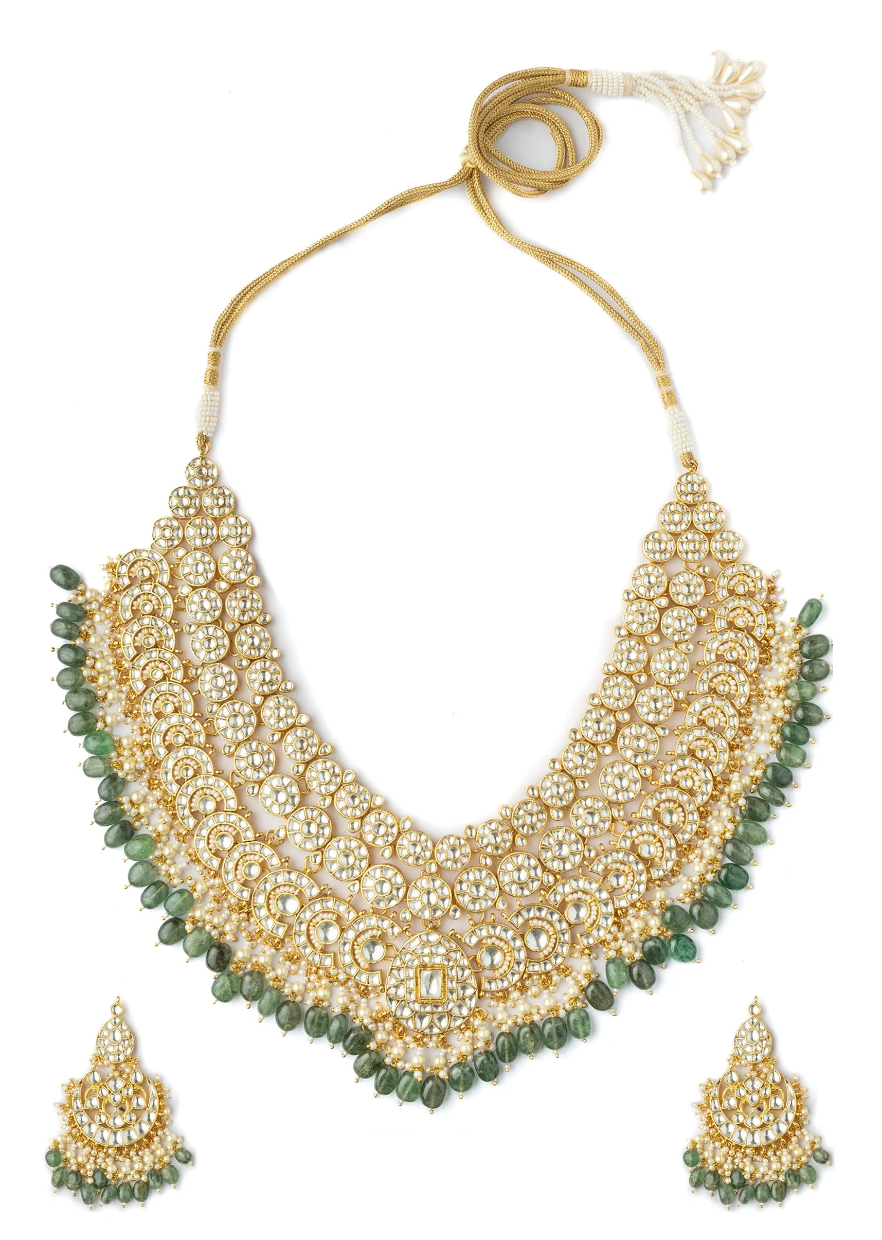 Gold Plated Green Intricate Kundan Work Necklace With Earring Set