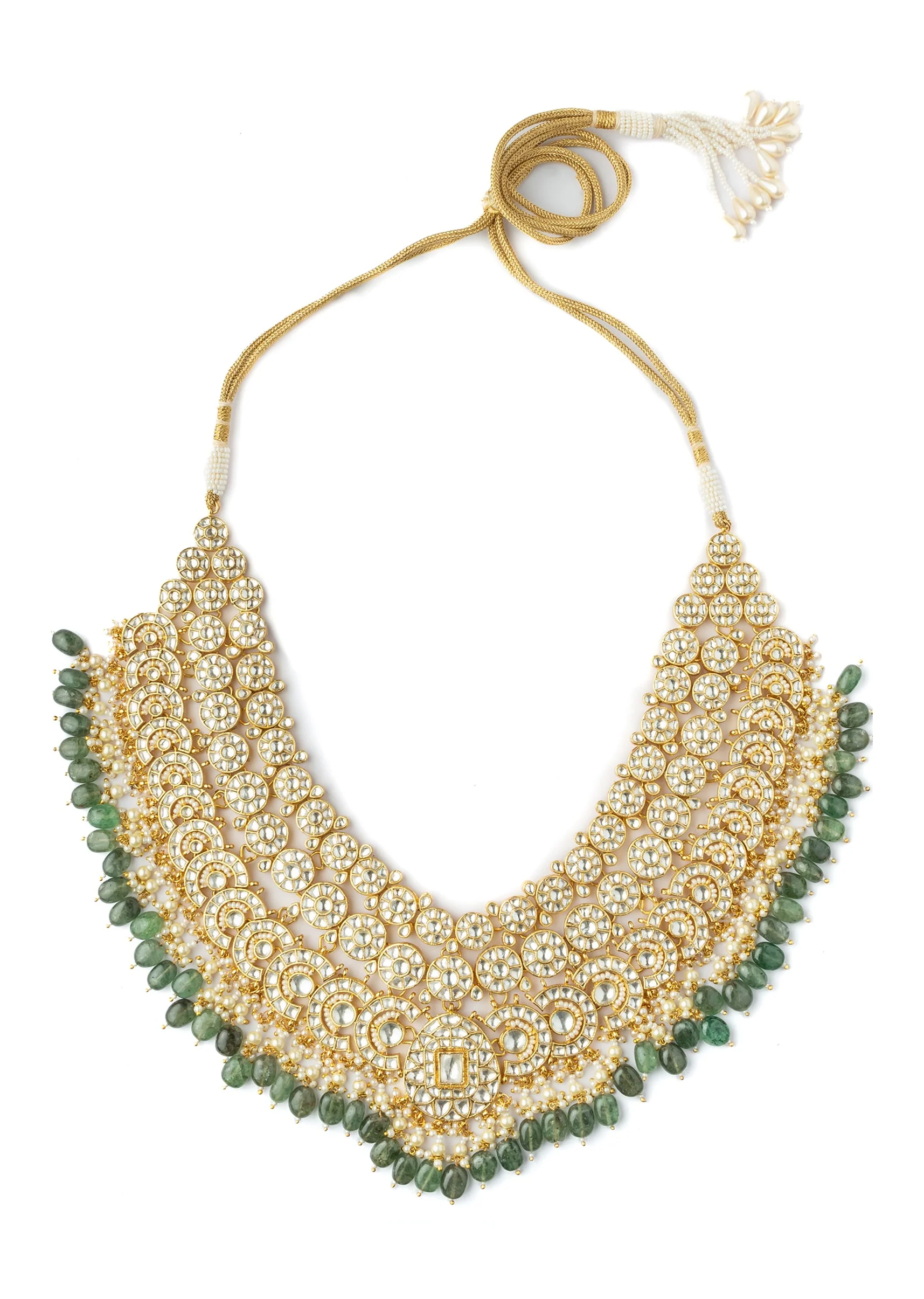 Gold Plated Green Intricate Kundan Work Necklace With Earring Set