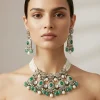 Gold Plated Green Kundan Polki Short Necklace Set With Earrings