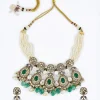 Gold Plated Green Kundan Polki Short Necklace Set With Earrings