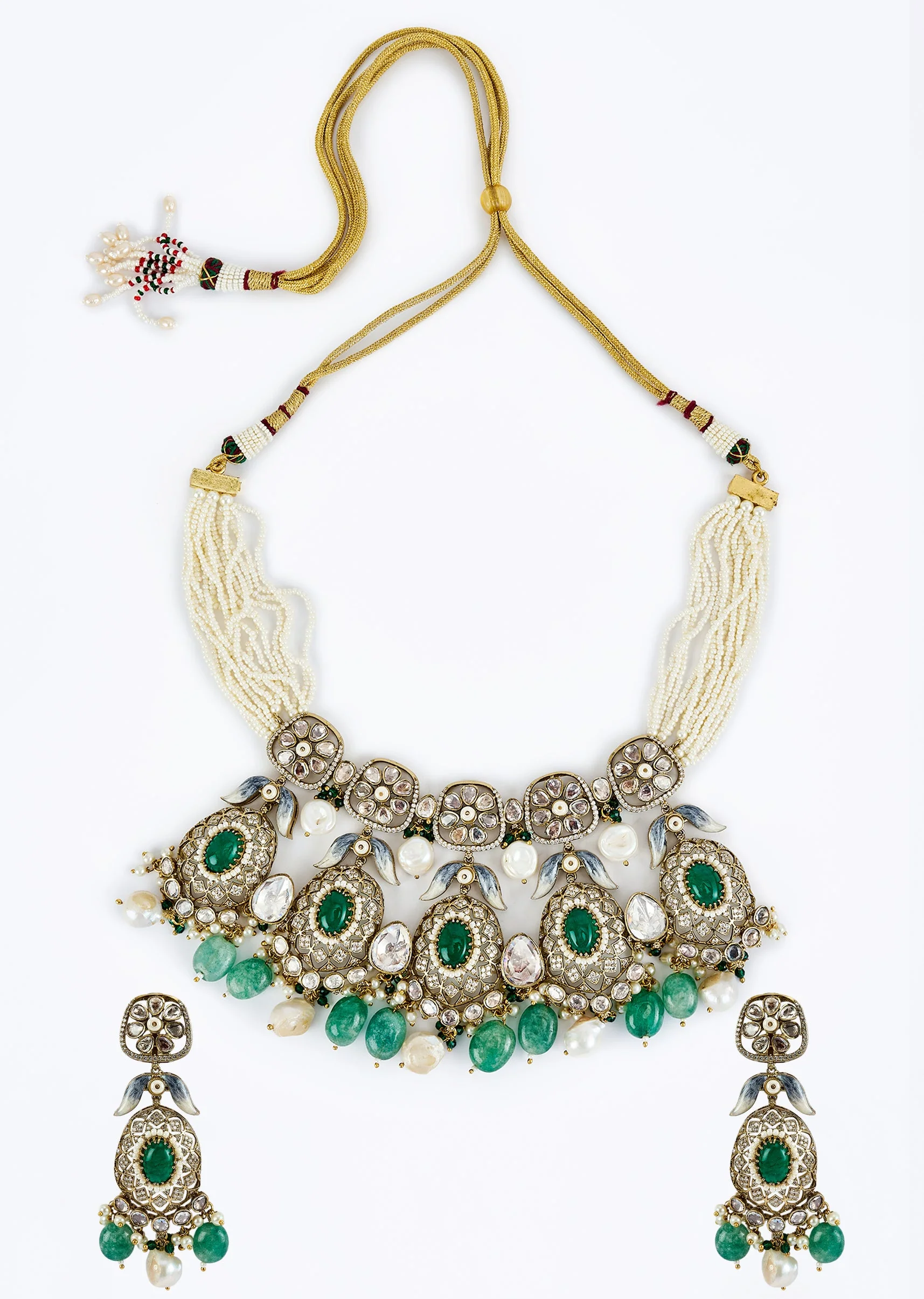 Gold Plated Green Kundan Polki Short Necklace Set With Earrings
