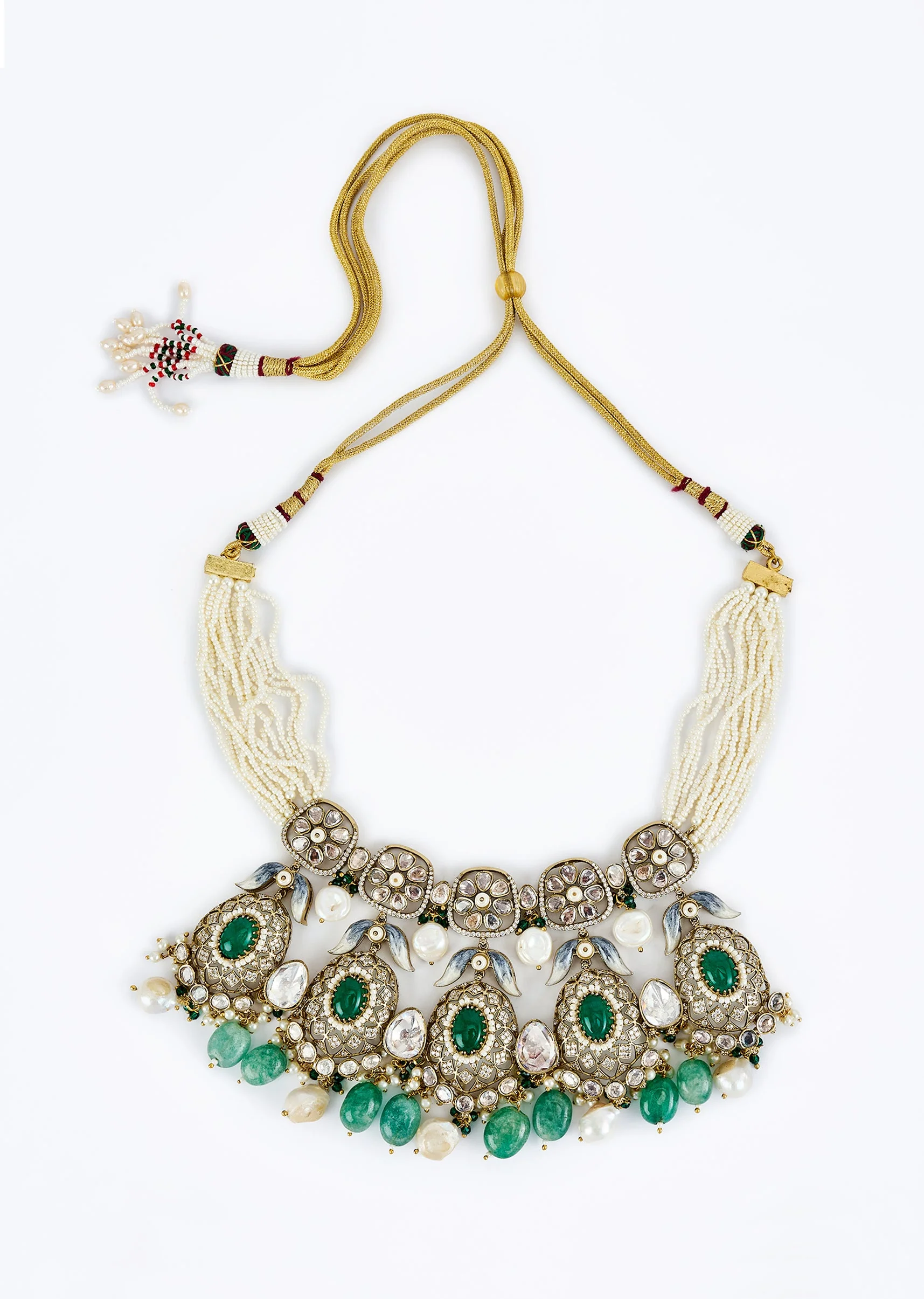 Gold Plated Green Kundan Polki Short Necklace Set With Earrings
