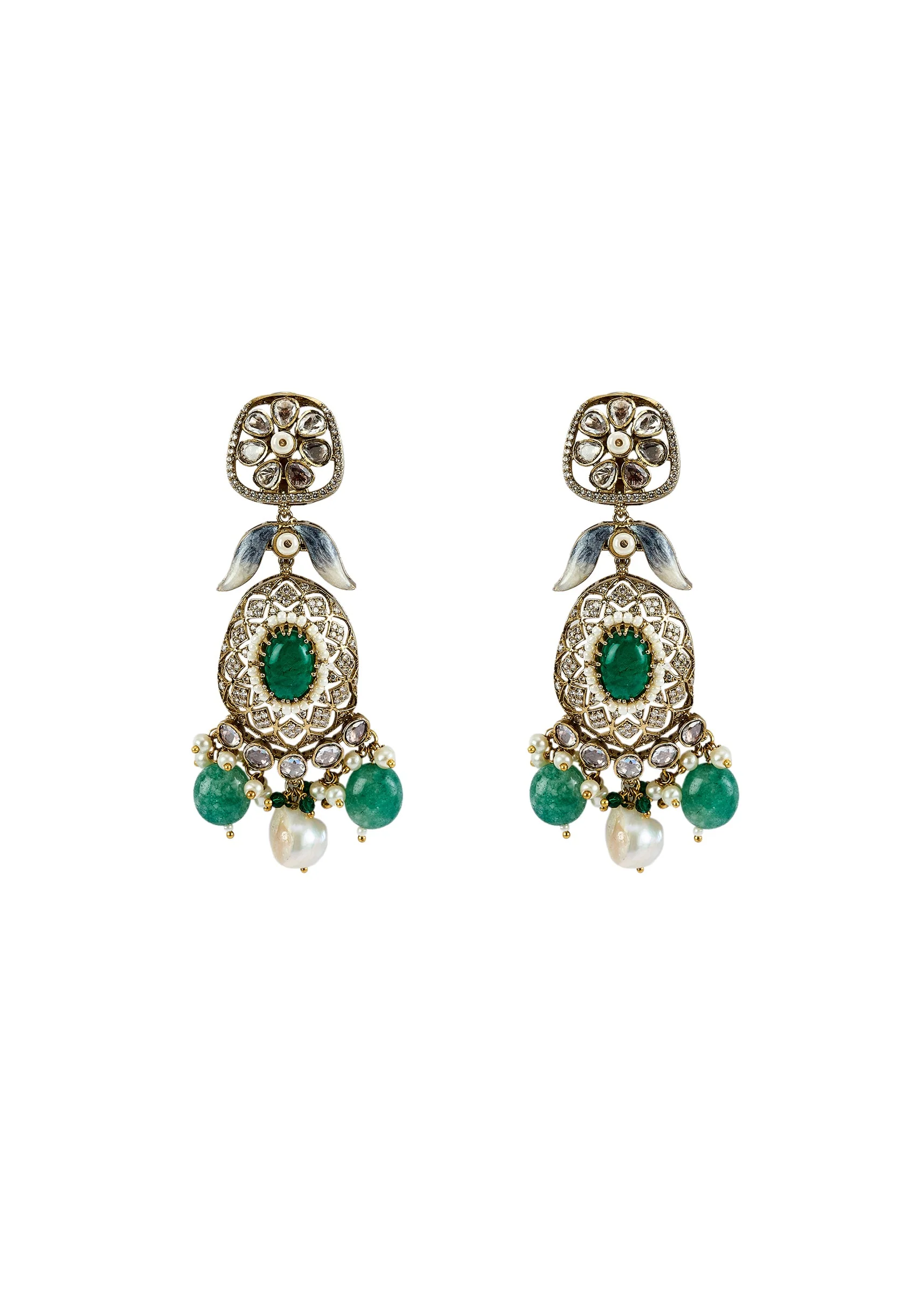Gold Plated Green Kundan Polki Short Necklace Set With Earrings