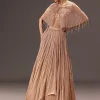 nude Ruched Blouse With Cape And Layered Skirt