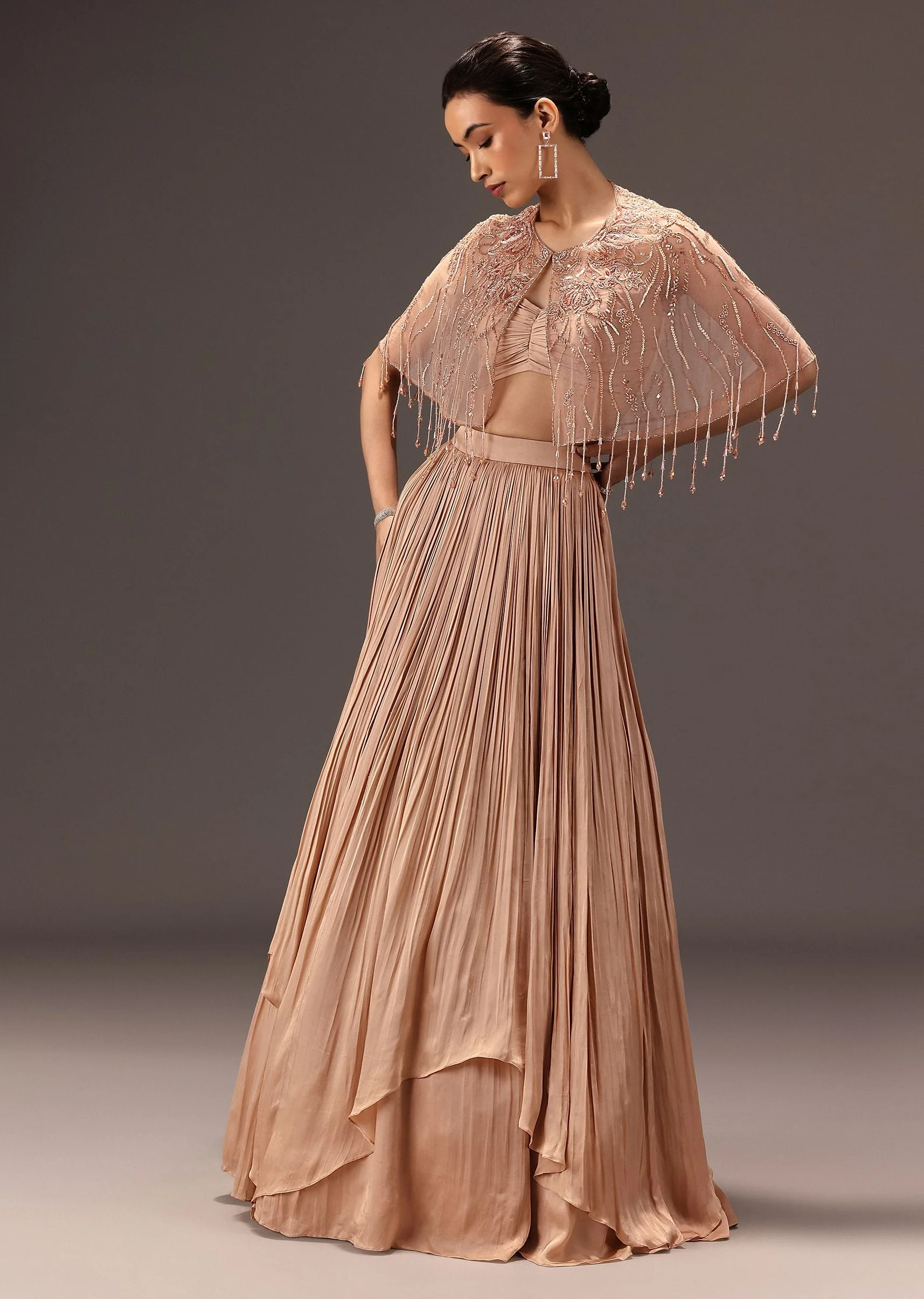 5784-nude-ruched-blouse-with-cape-and-layered-skirt-1.webp nude Ruched Blouse With Cape And Layered Skirt