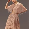 nude Ruched Blouse With Cape And Layered Skirt